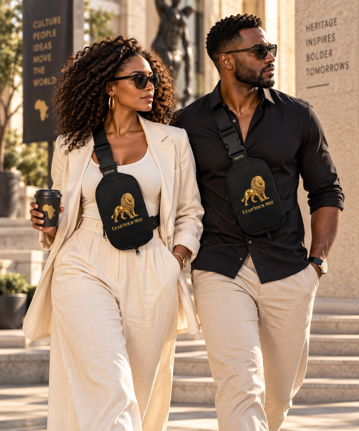 Heritage Symbols sling bag featuring gold lion artwork, Lead Your Way