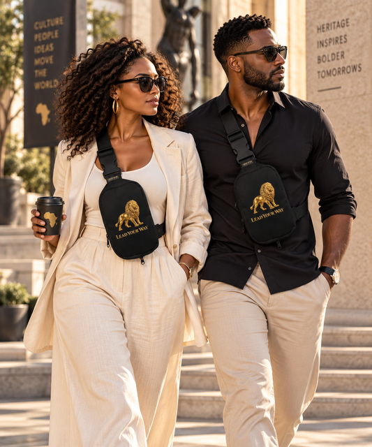 Heritage Symbols sling bag featuring gold lion artwork, Lead Your Way