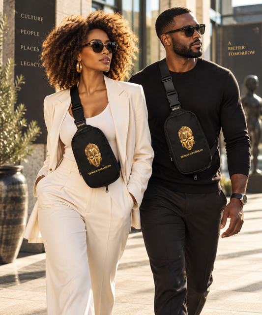 Heritage Symbols sling bag featuring gold African mask artwork, Honour Your Origins