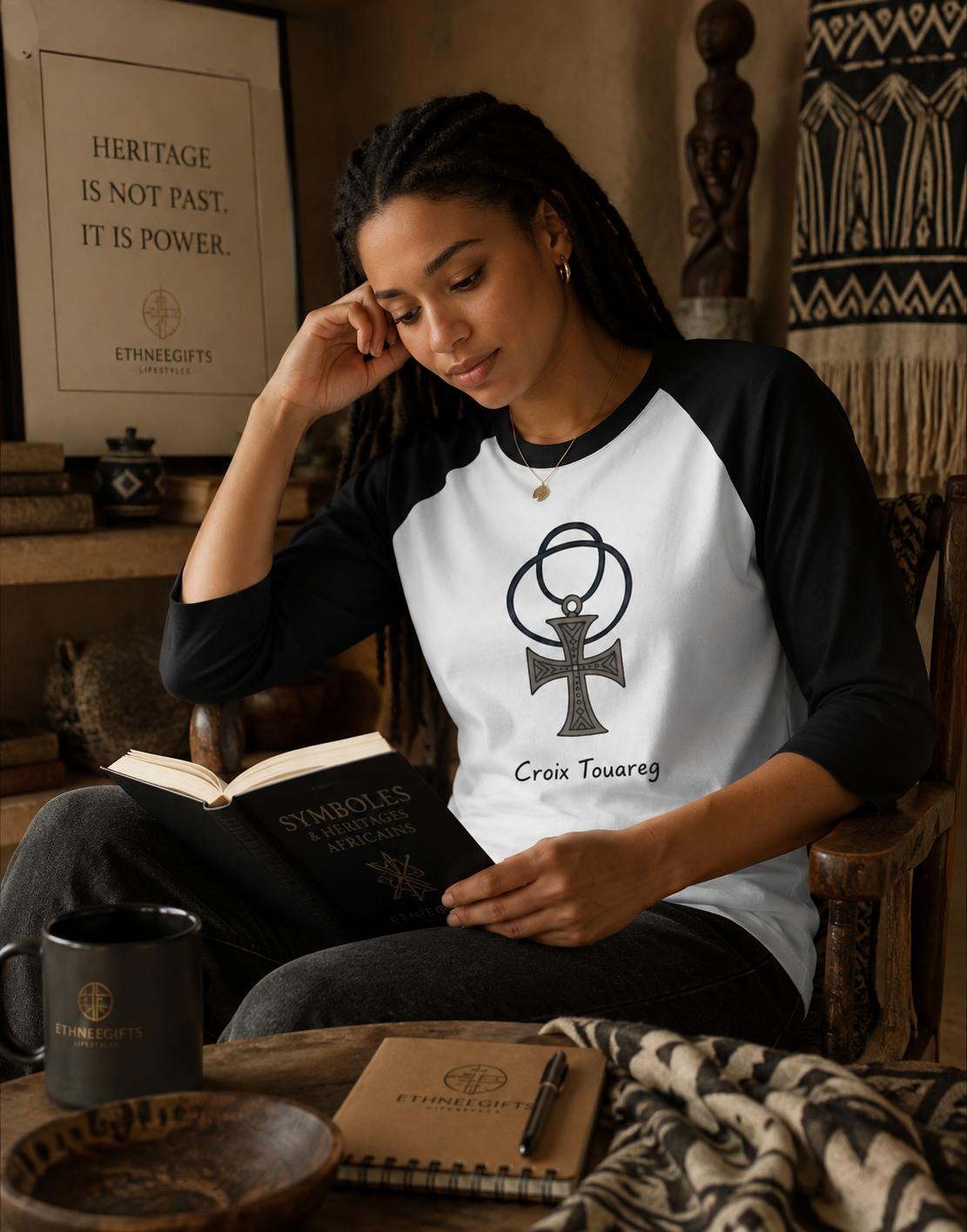 T SHIRT LONG HERITAGE SYMBOLS Ankh Identity & Protection | Ethneegifts Lifestyles