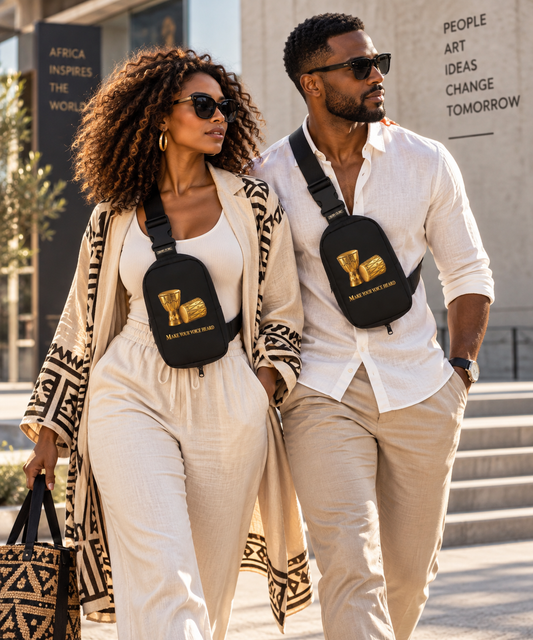 Heritage Symbols sling bag featuring gold African drum artwork, Make Your Voice Heard