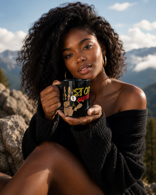BLACK GLOSSY MUG WE FIGHT RACISM | Ethneegifts Lifestyles