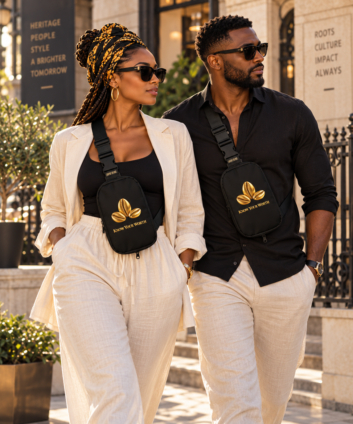 Heritage Symbols sling bag featuring gold cauri shell artwork, Know Your Worth