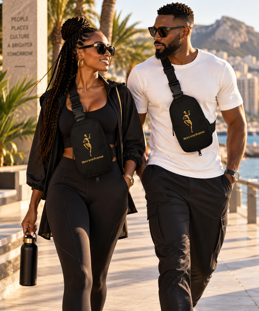 Heritage Symbols sling bag featuring gold African dancer artwork, Move With Purpose