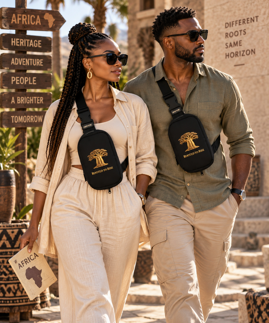 Heritage Symbols sling bag featuring gold baobab tree artwork, Rooted To Rise