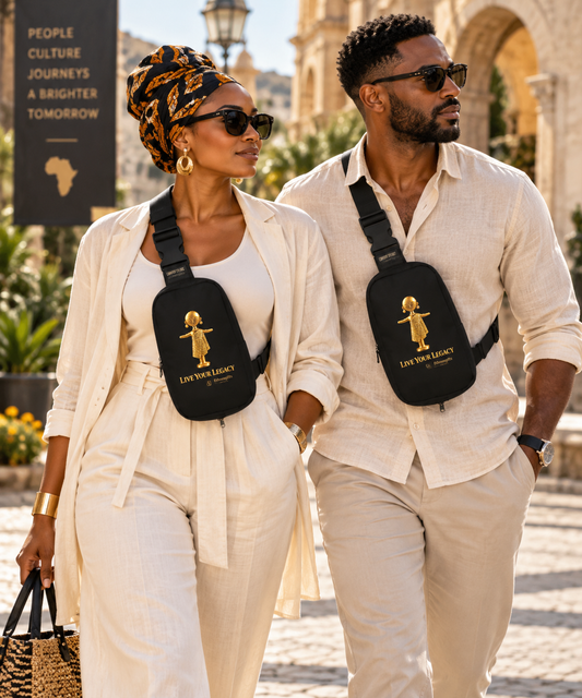 Heritage Symbols sling bag featuring gold Akuaba Ashanti figure artwork, Live Your Legacy