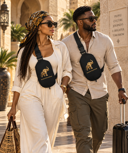Heritage Symbols sling bag featuring gold elephant artwork, Stand In Your Power