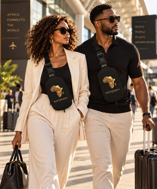 Heritage Symbols sling bag featuring gold Africa motif artwork, Know Your Roots