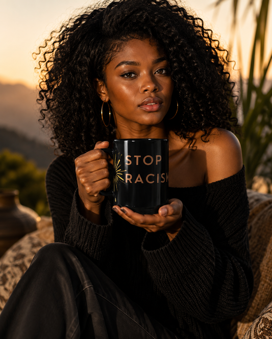 BLACK GLOSSY MUG TOGETHER AGAINST RACISM | Ethneegifts Lifestyles