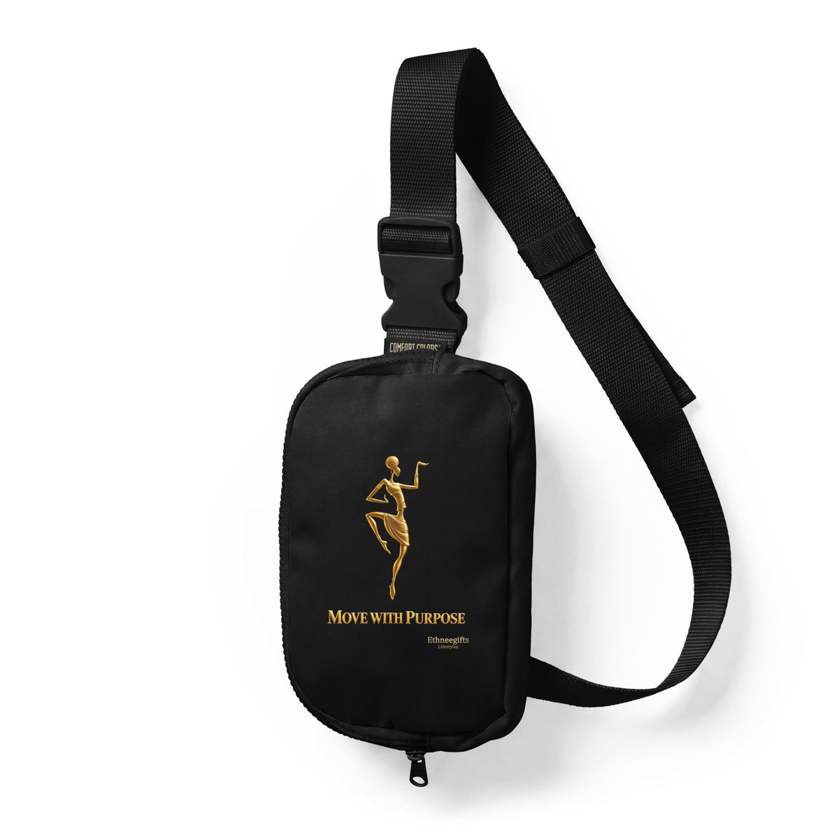 Black sling bag with gold African dancer artwork, Move With Purpose, Heritage Symbols