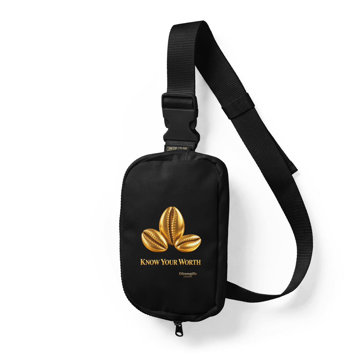 Black sling bag with gold cauri shell artwork, Know Your Worth, Heritage Symbols