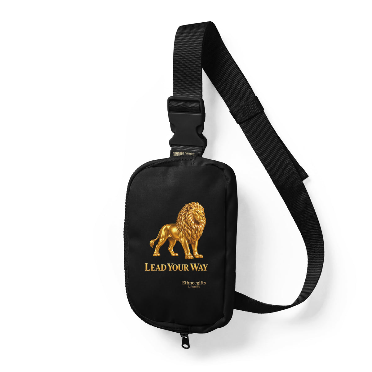 Black sling bag with gold lion artwork, Lead Your Way, Heritage Symbols