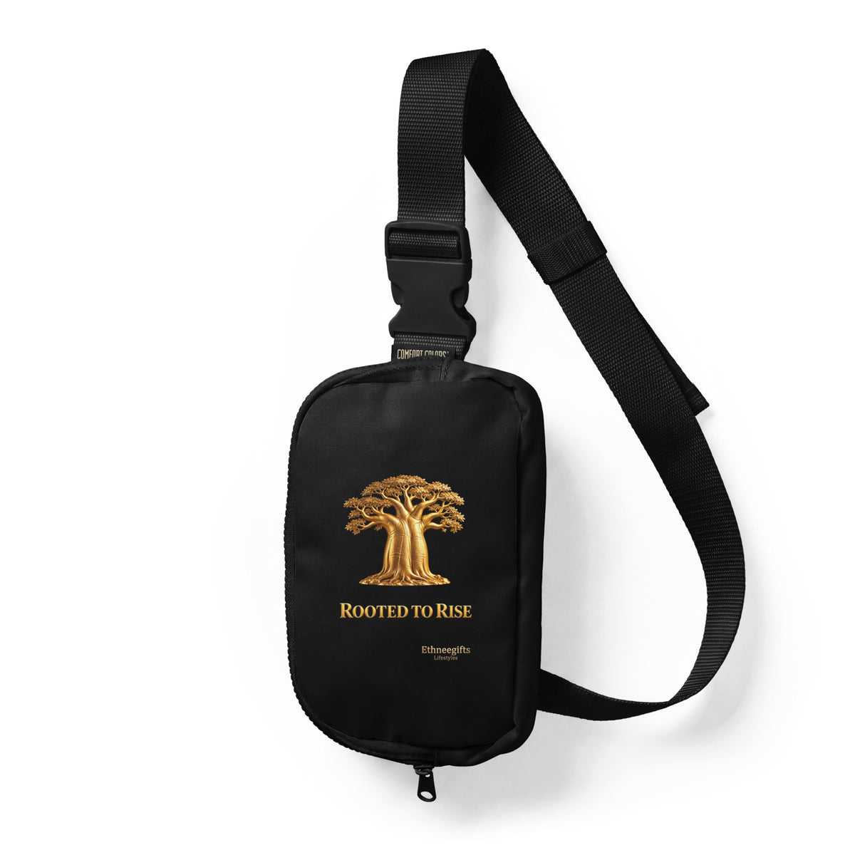 Black sling bag with gold baobab tree artwork, Rooted To Rise, Heritage Symbols