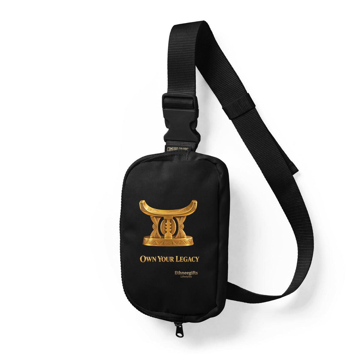 Black sling bag with gold Akan royal stool artwork, Own Your Legacy, Heritage Symbols