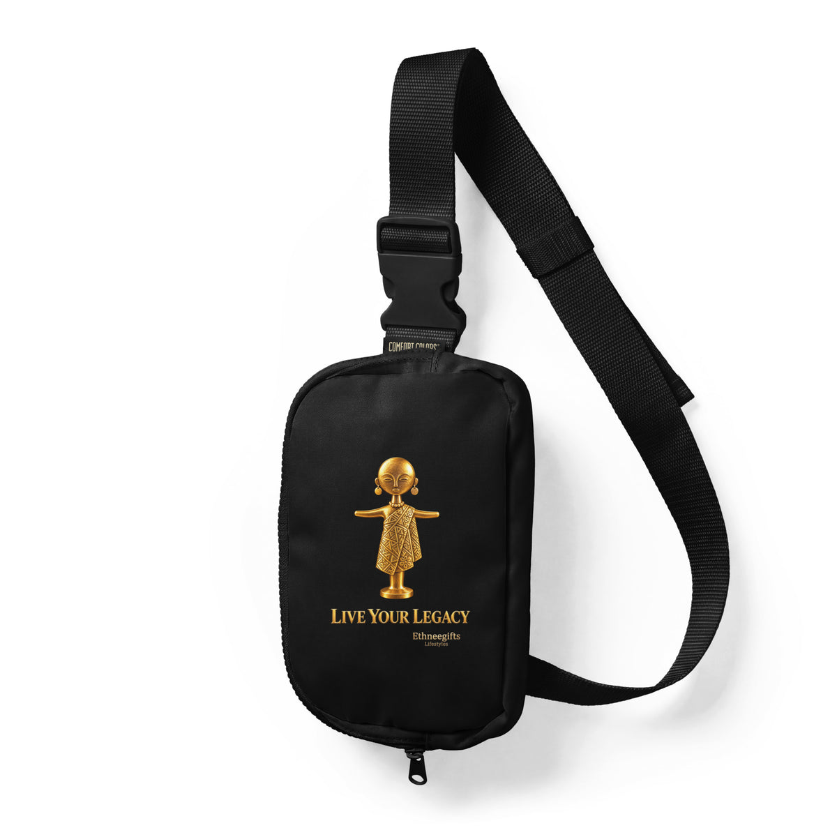 Black sling bag with gold Akuaba Ashanti figure artwork, Live Your Legacy, Heritage Symbols