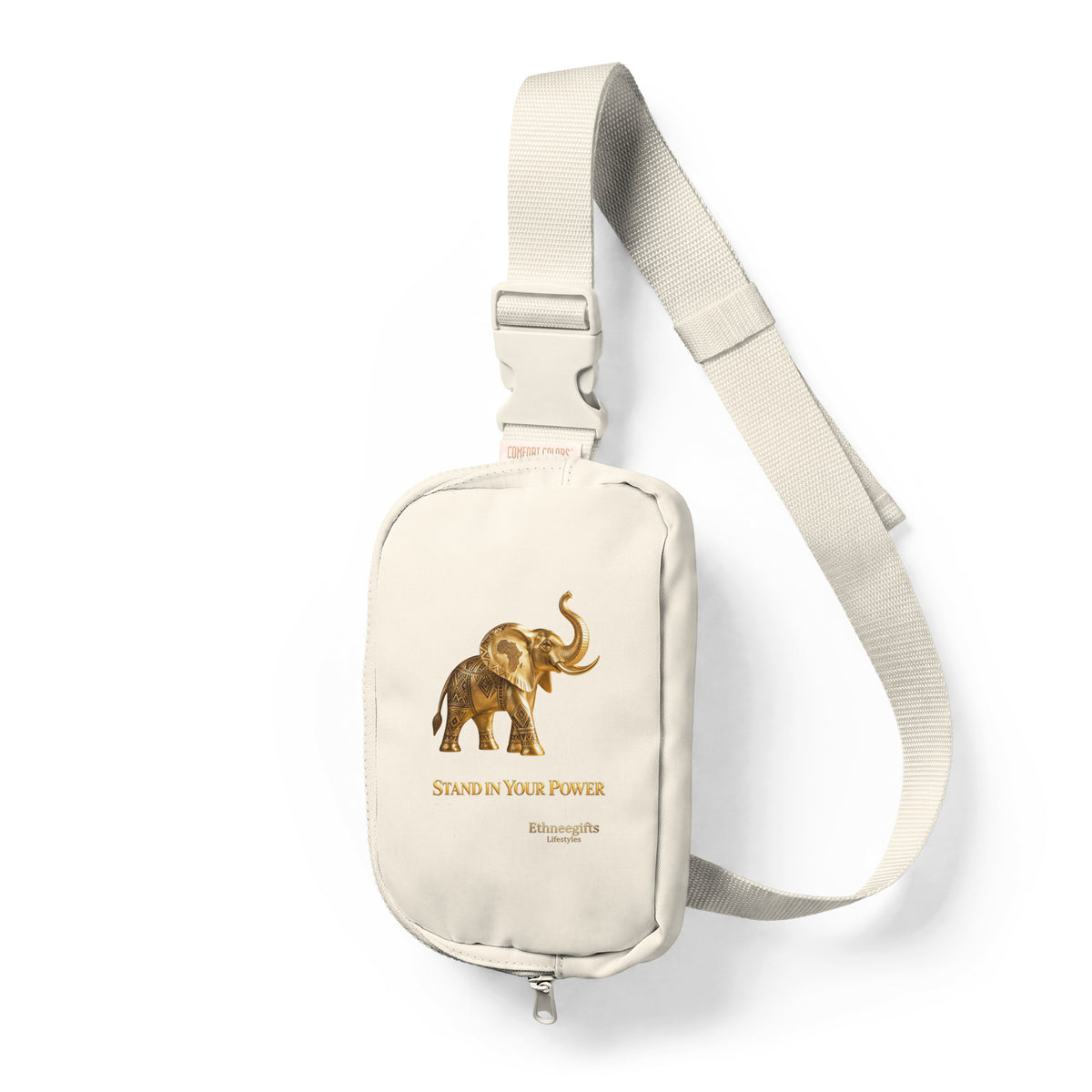 Ivory sling bag with gold elephant artwork, Stand In Your Power, Heritage Symbols