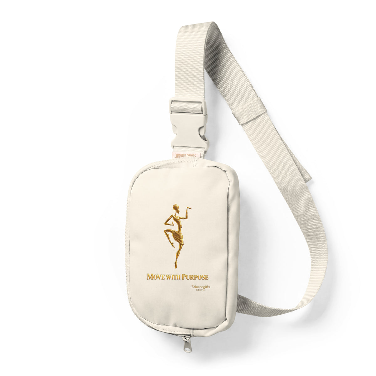 Ivory sling bag with gold African dancer artwork, Move With Purpose, Heritage Symbols