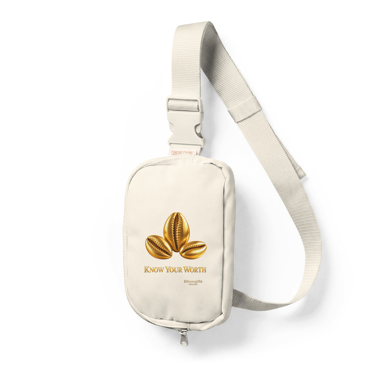 Ivory sling bag with gold cauri shell artwork, Know Your Worth, Heritage Symbols