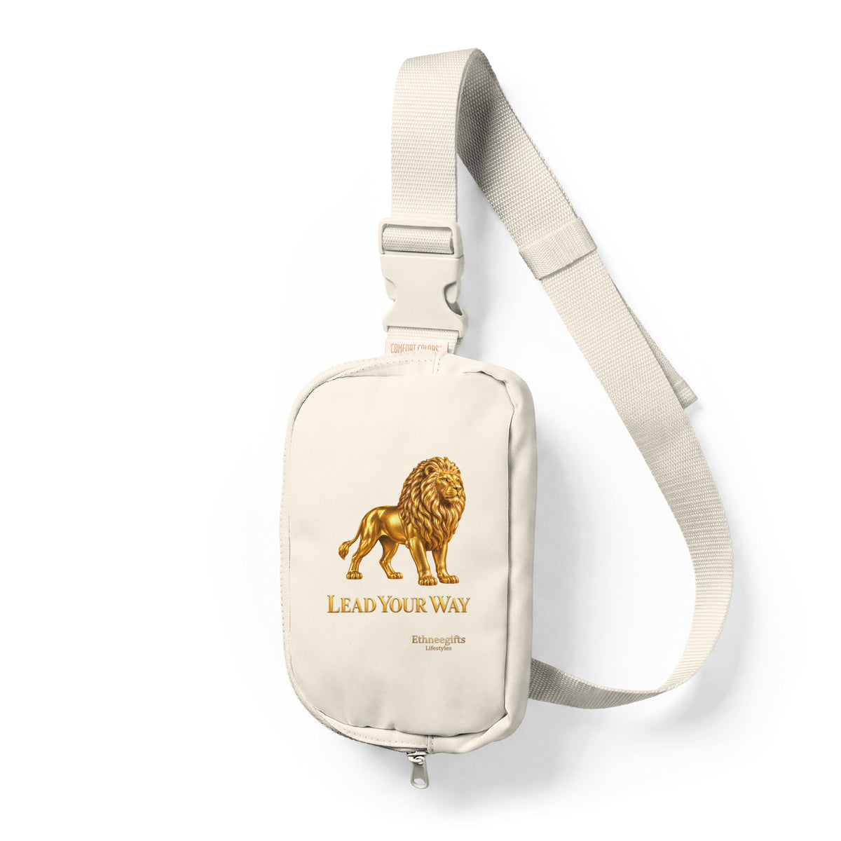 Ivory sling bag with gold lion artwork, Lead Your Way, Heritage Symbols