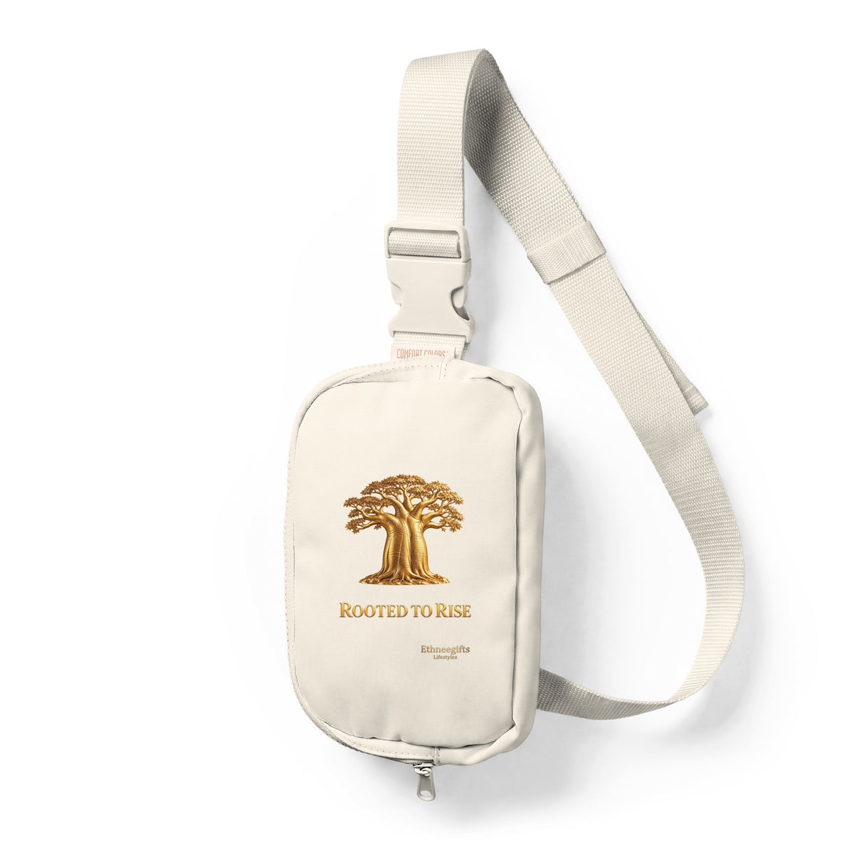 Ivory sling bag with gold baobab tree artwork, Rooted To Rise, Heritage Symbols