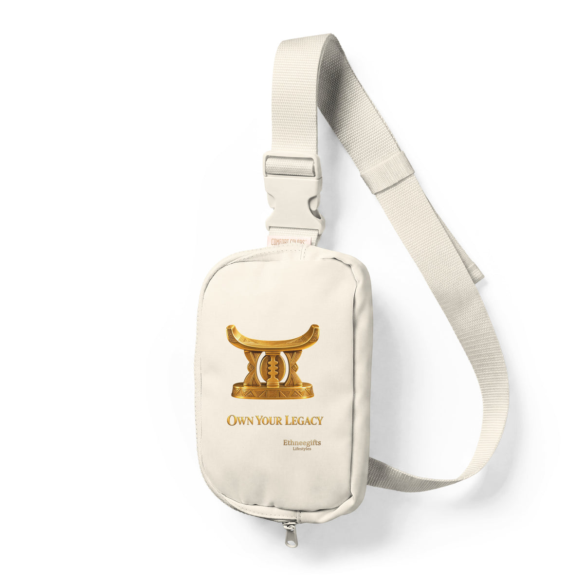 Ivory sling bag with gold Akan royal stool artwork, Own Your Legacy, Heritage Symbols